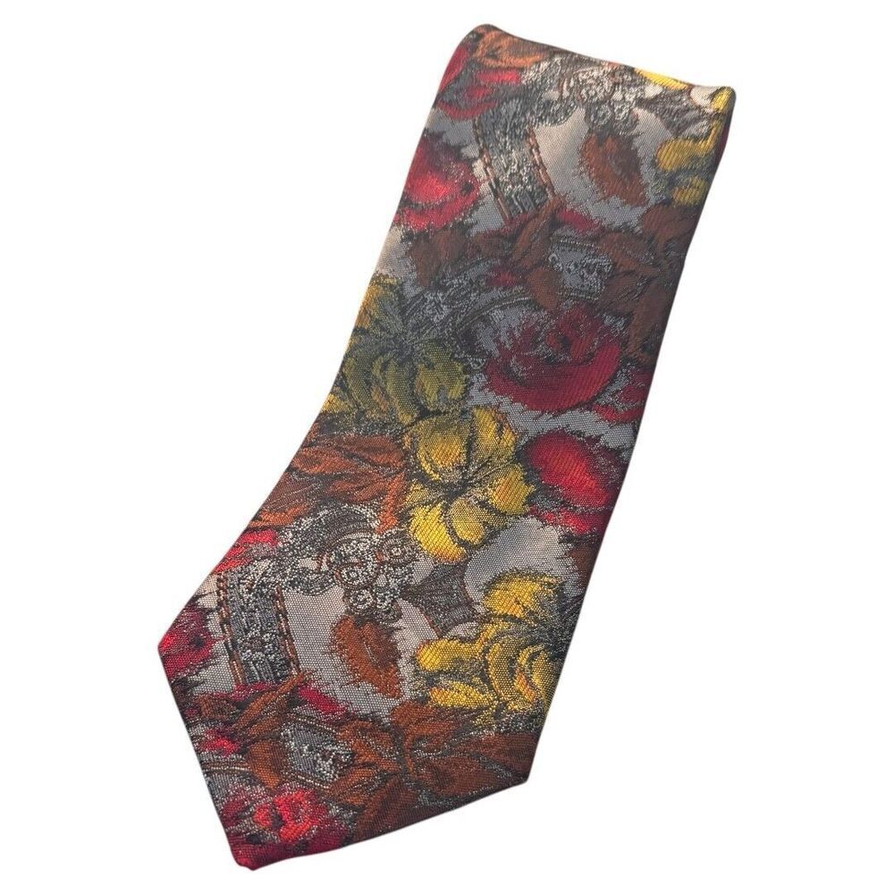 Executive Club by Manhattan Mens Silk Blend Floral Tie Red Yellow Brown
